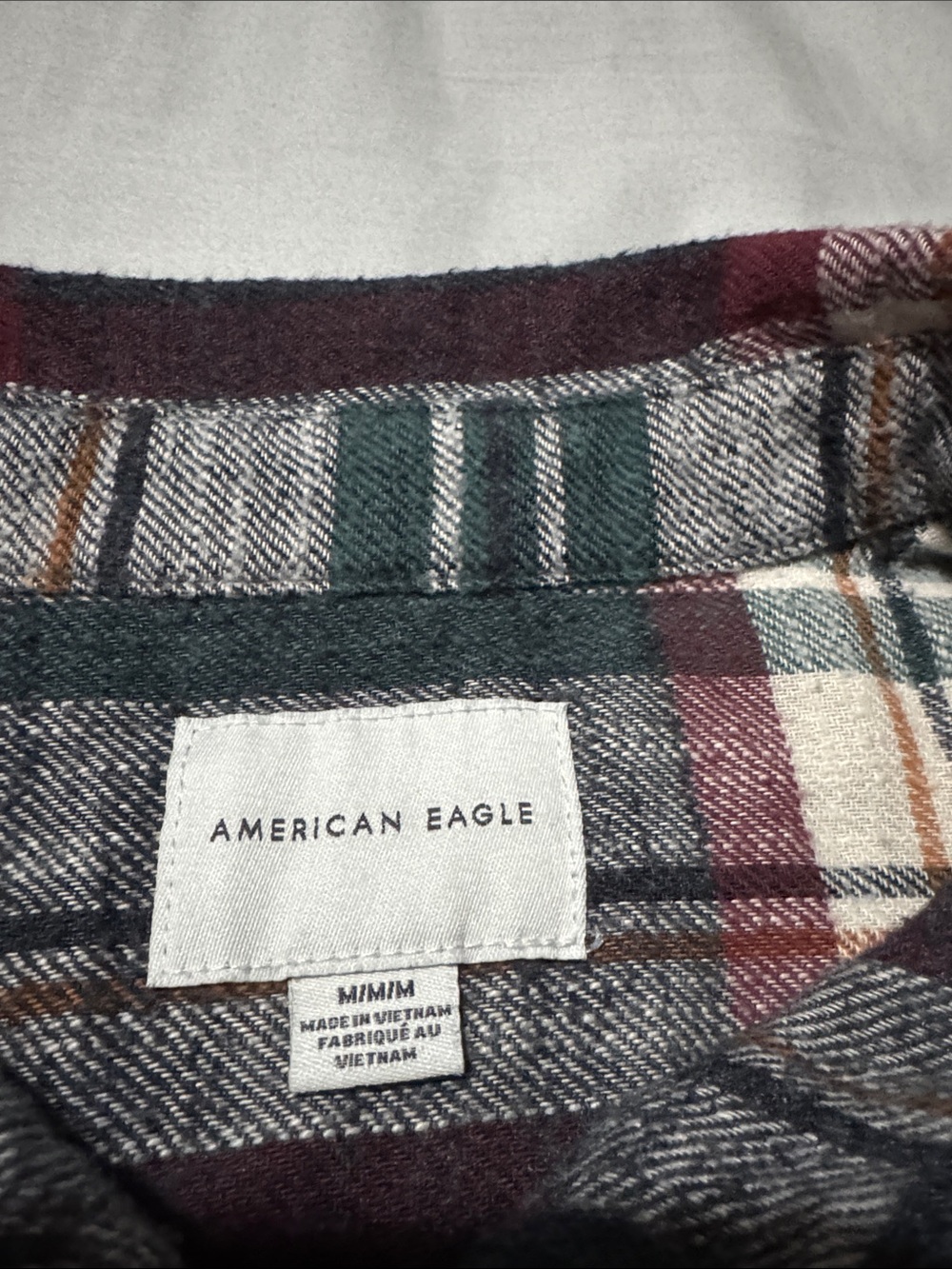 American Eagle Plaid Flannel Shirt in Green and Burgundy - Picture 2 of 6